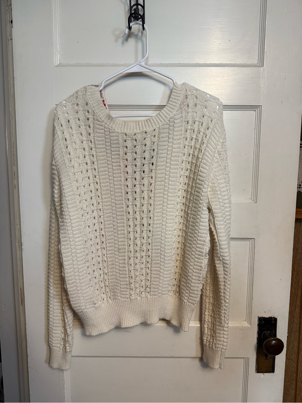 SHEIN cream knit sweater w/crocheted granny square trim, half open back SZ Large